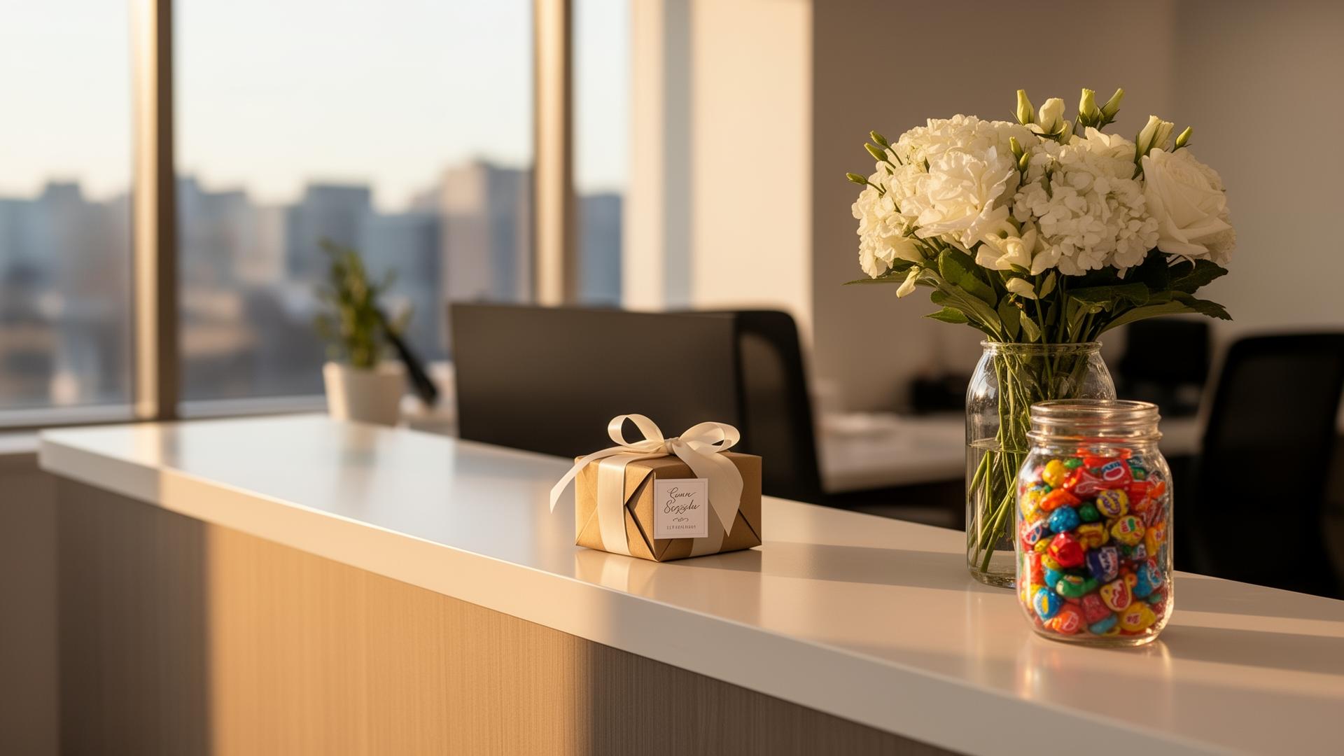 A wrapped client appreciation gift on a modern office reception desk with fresh white flowers and a glass candy jar in warm afternoon light