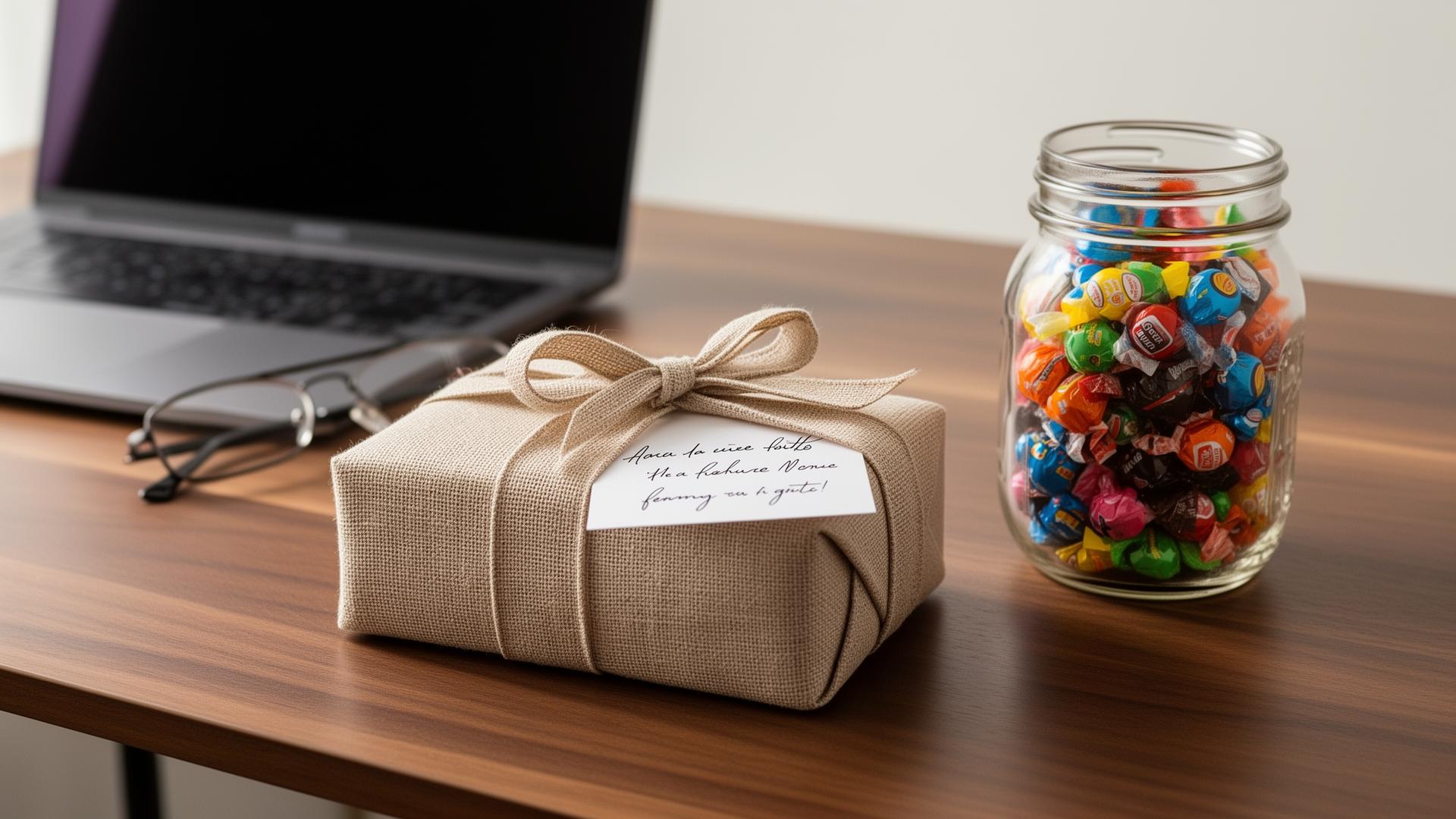 A linen-wrapped client gift with a handwritten note on a modern wood desk beside a glass jar of nostalgic candy