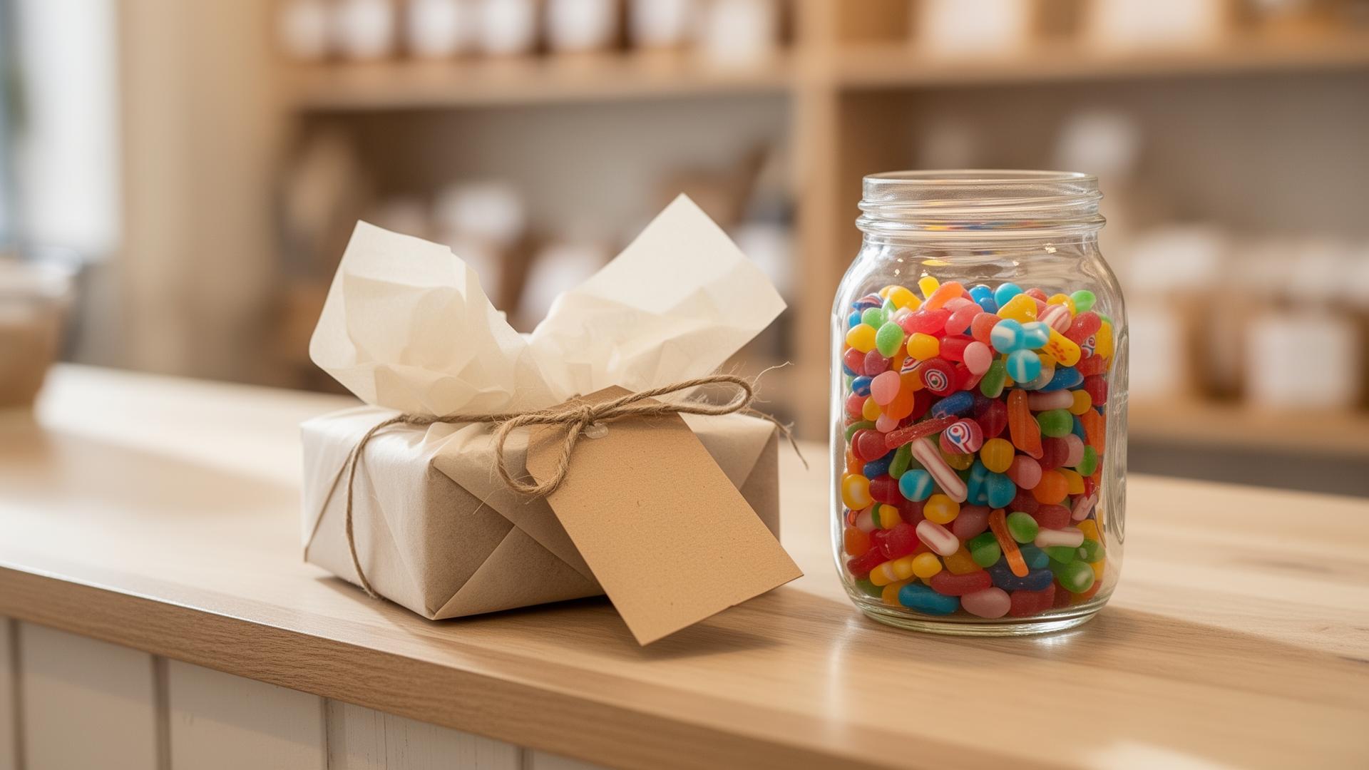 A small customer appreciation gift with a kraft tag on a boutique counter beside a glass jar of colorful candy