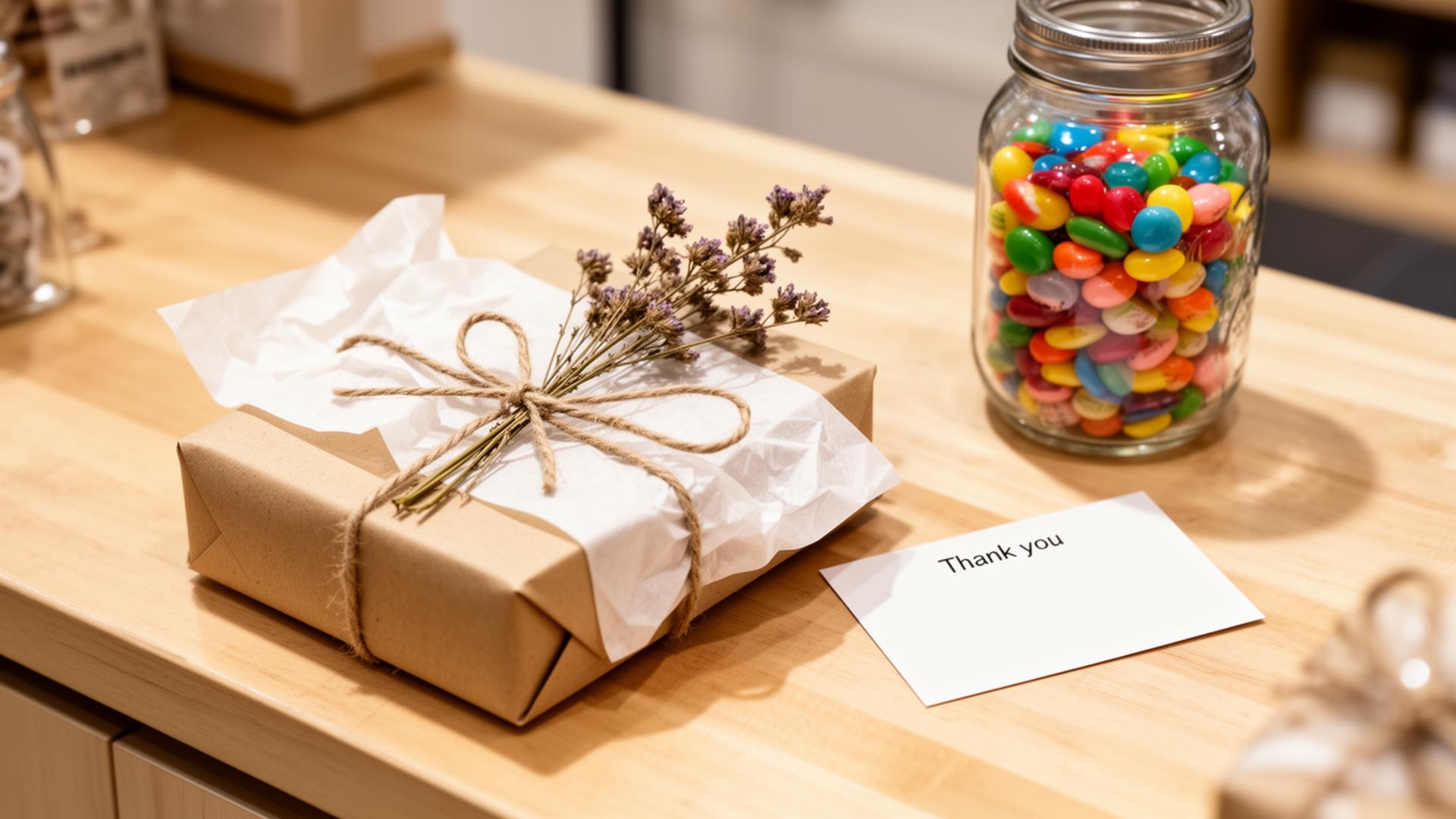 A kraft-paper customer gift tied with twine and a thank-you card on a counter, next to a glass jar of colorful candy