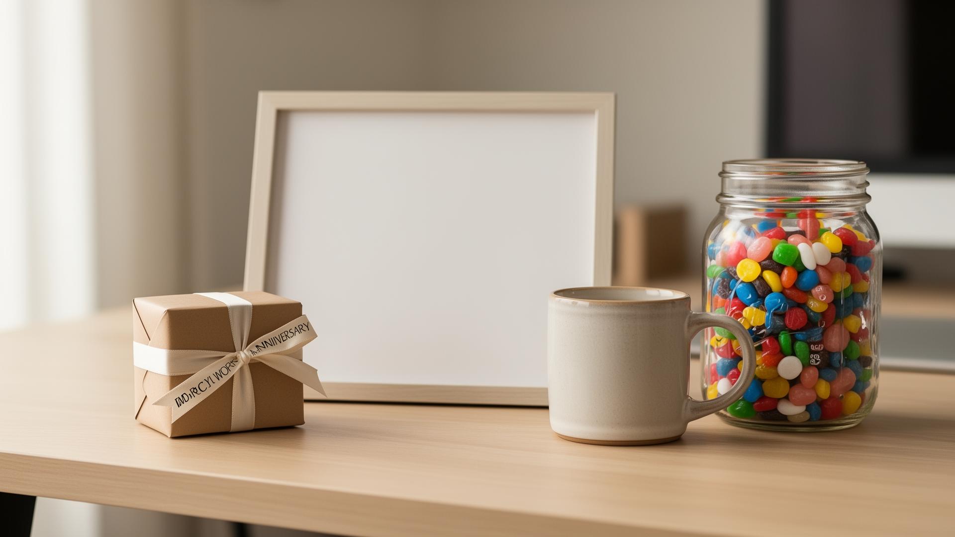 A wrapped work-anniversary gift, a framed card, and a coffee mug on a clean modern desk beside a glass jar of candy