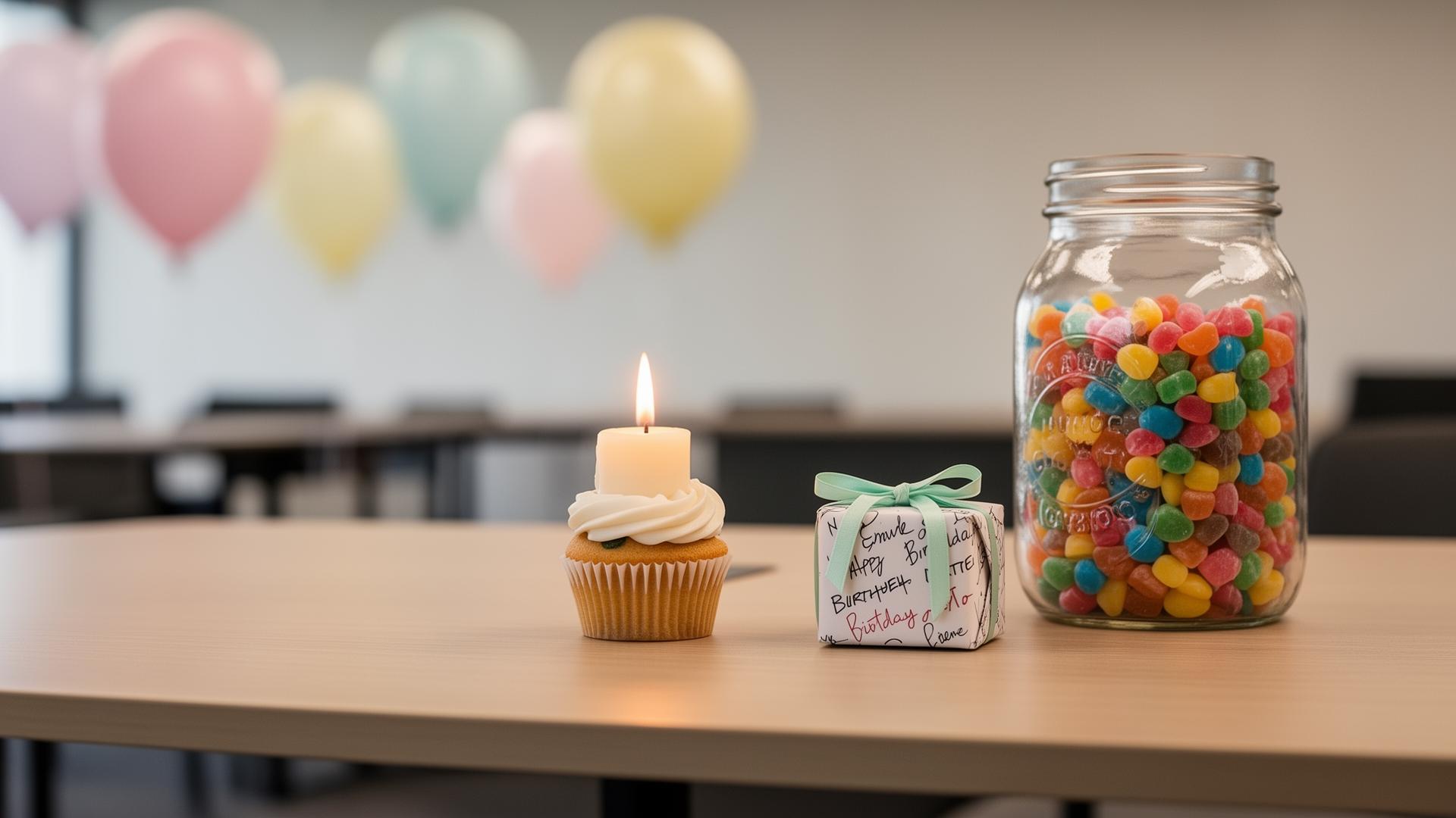 A cupcake with a lit candle and a wrapped birthday gift on an office break room table with pastel balloons in the background