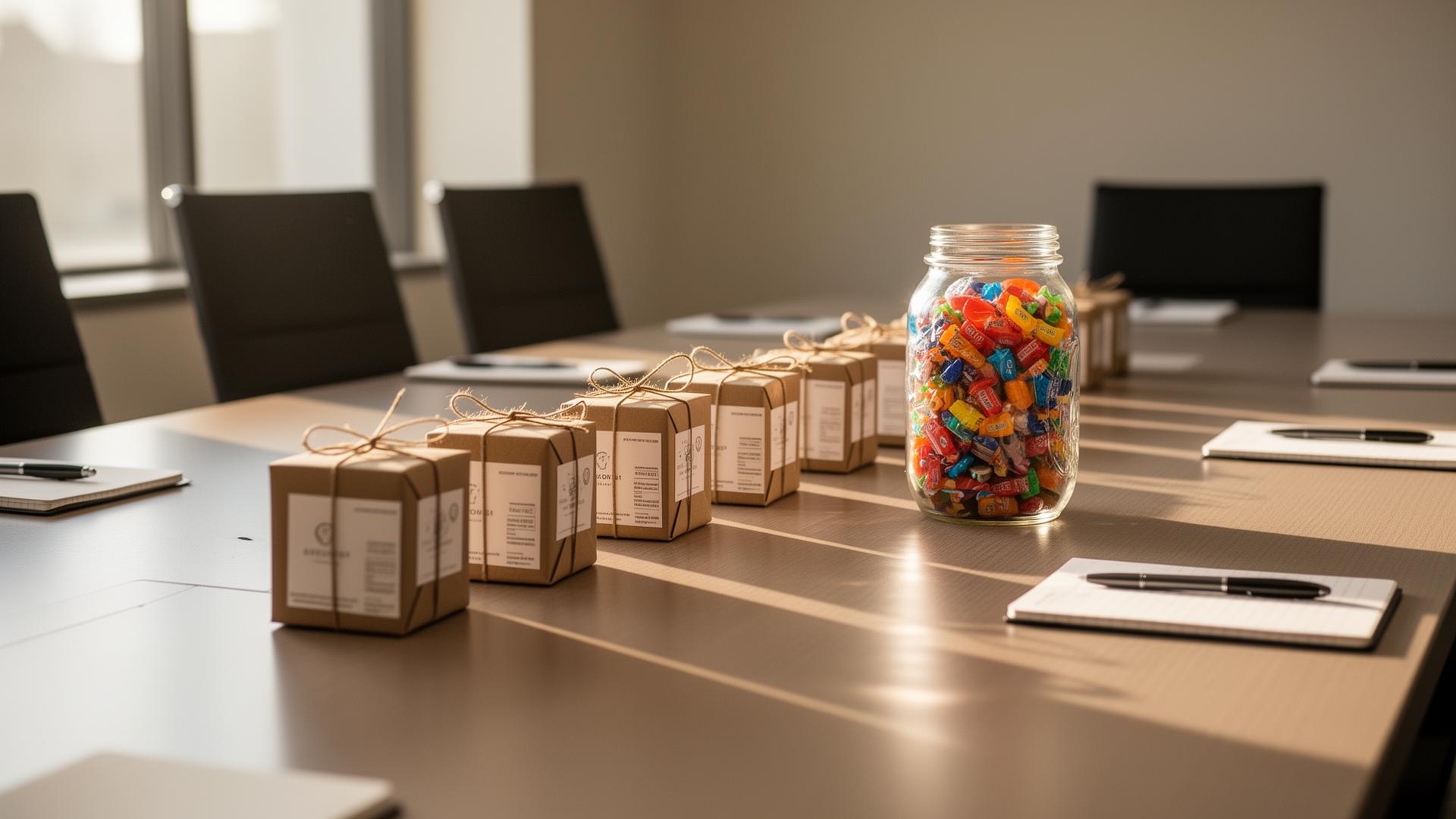 A row of small wrapped employee gifts lined up on a conference table with notebooks and a glass candy jar in morning light